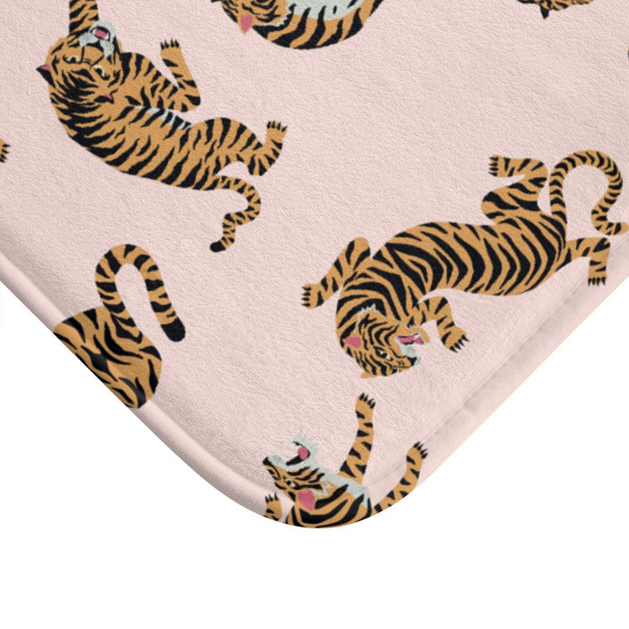 Home Accents Leopard Print Bath Mat: pale pink, orange tigers, cartoon style