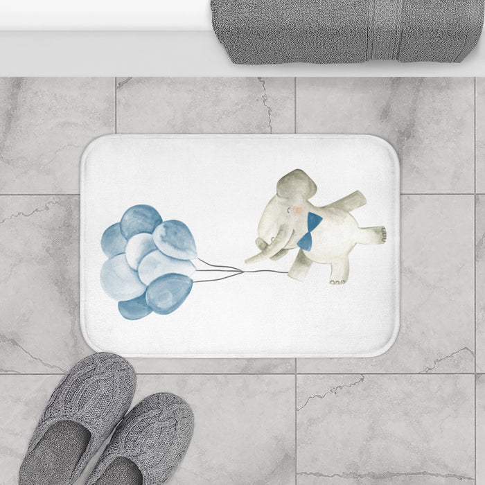 Home Accents Mat Featuring a Baby Elephant with Balloons: white, light blue elephant with balloons, cute watercolor cartoon s