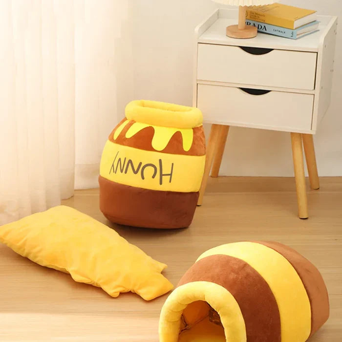 Honey Jar Themed Adorable Cat Bed: yellow, brown honey jar and bee-themed tunnel pillow, cartoon, kawaii style