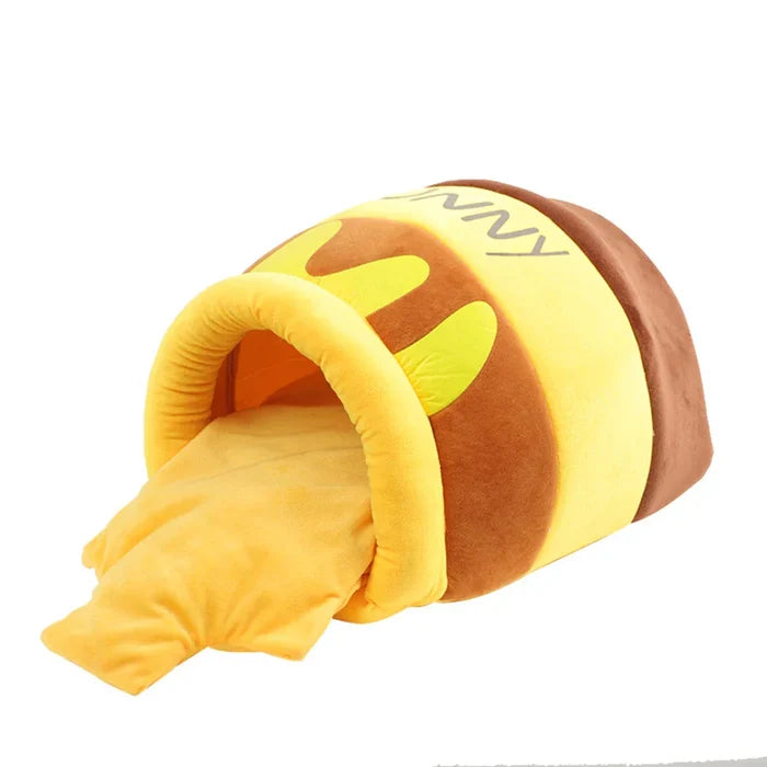 Honey Jar Themed Adorable Cat Bed: yellow, brown honey jar and bee-themed tunnel pillow, cartoon, kawaii style