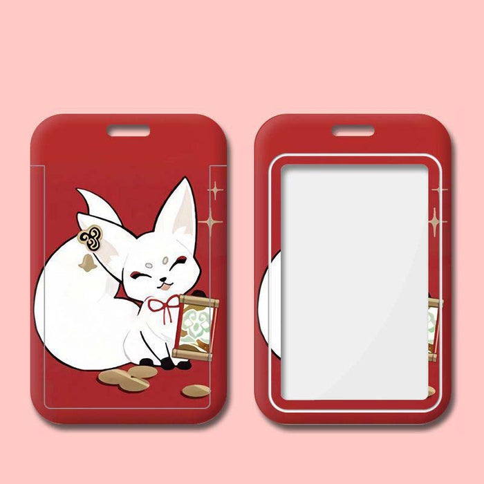Honkai Star Rail Badge Card Holder: red, white white fox character, kawaii cartoon style