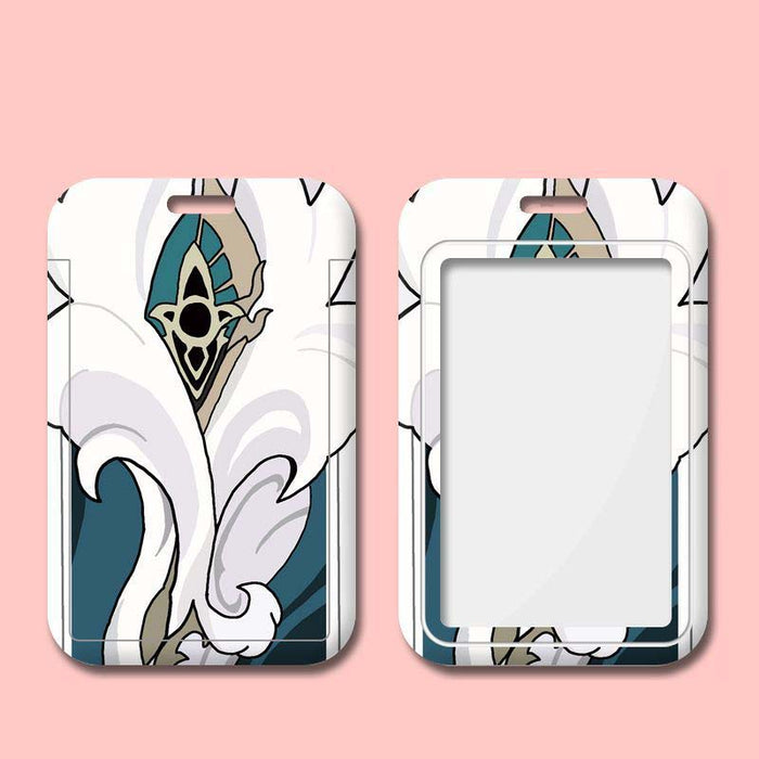 Honkai Star Rail Badge Card Holder: red, white white fox character, kawaii cartoon style
