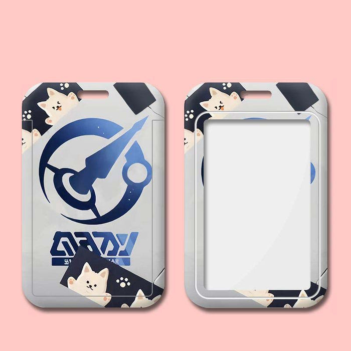 Honkai Star Rail Badge Card Holder: red, white white fox character, kawaii cartoon style