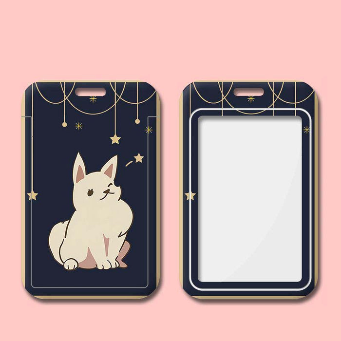 Honkai Star Rail Badge Card Holder: red, white white fox character, kawaii cartoon style
