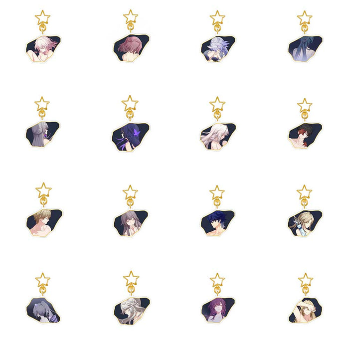 Honkai Star Rail Character E6 Keychains: gold, black anime-style character portraits, anime, decorative style