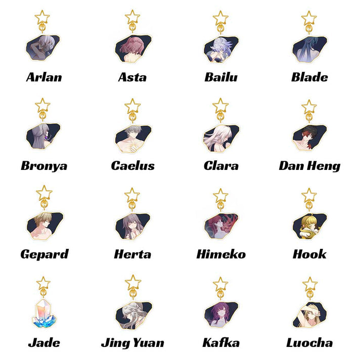 Honkai Star Rail Character E6 Keychains: gold, black anime-style character portraits, anime, decorative style
