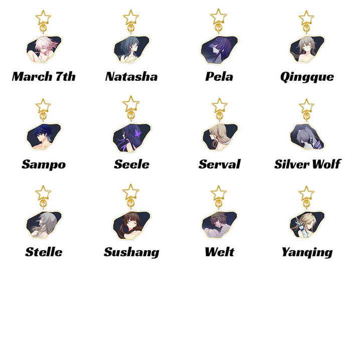 Honkai Star Rail Character E6 Keychains: gold, black anime-style character portraits, anime, decorative style