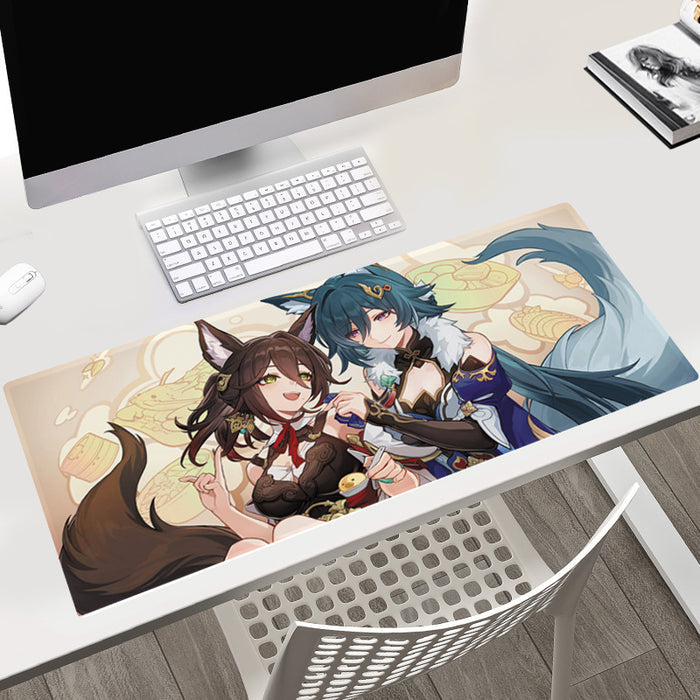 Honkai Star Rail Gaming Desk Pad: beige, cream two anime-style female characters, one with animal-like ears and a tail, anime