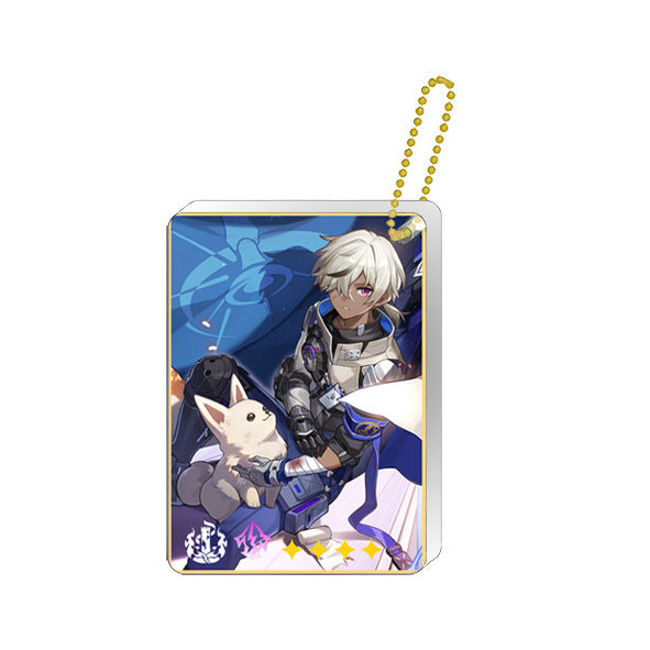 Honkai Star Rail Keychains: Collectible and Durable: blue, white anime-style white-haired character with animal companions, a
