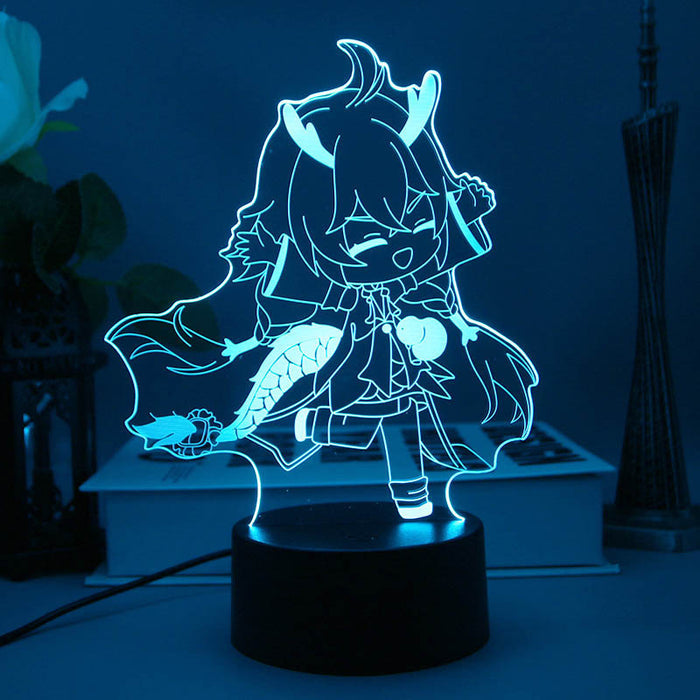 Honkai Star Rail LED Night Light: cyan-blue glow, clear acrylic anime-style horned character, cartoon anime chibi style