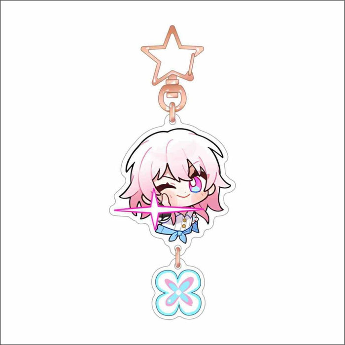 Honkai Star Rail March 7th Keychains: pink, white anime-style pink-haired girl character, kawaii cartoon anime style