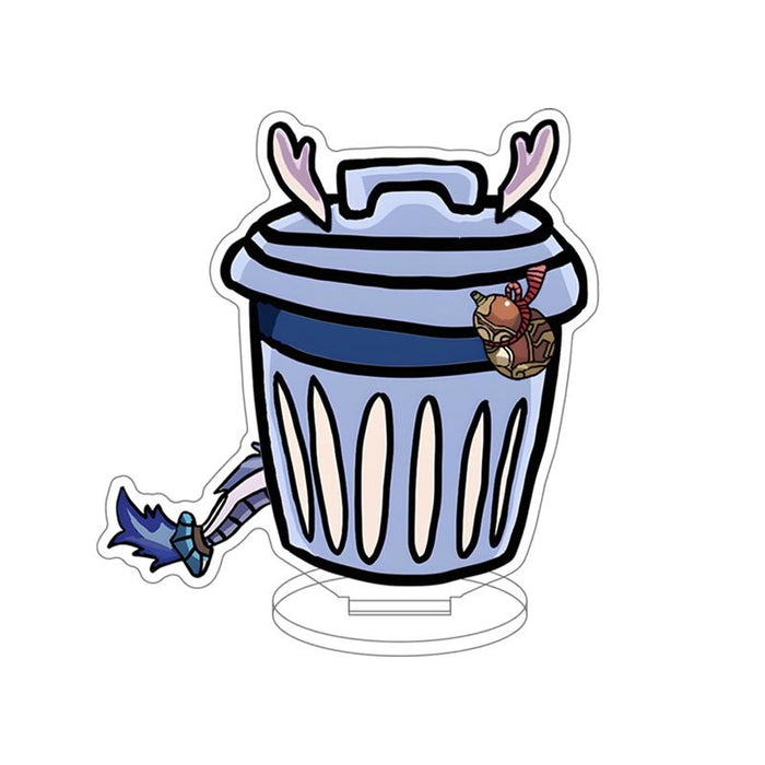 Honkai Star Rail Trash Can Standee: light blue, dark blue trash can with antler-like handles and small discarded items, carto