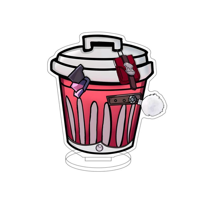 Honkai Star Rail Trash Can Standee: light blue, dark blue trash can with antler-like handles and small discarded items, carto