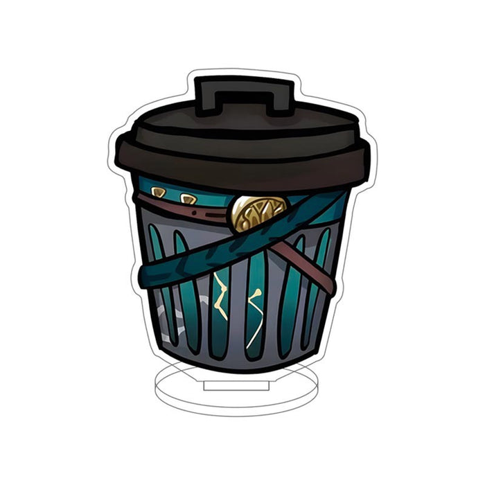 Honkai Star Rail Trash Can Standee: light blue, dark blue trash can with antler-like handles and small discarded items, carto
