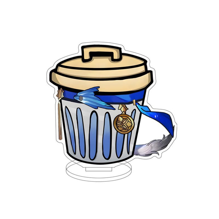Honkai Star Rail Trash Can Standee: light blue, dark blue trash can with antler-like handles and small discarded items, carto