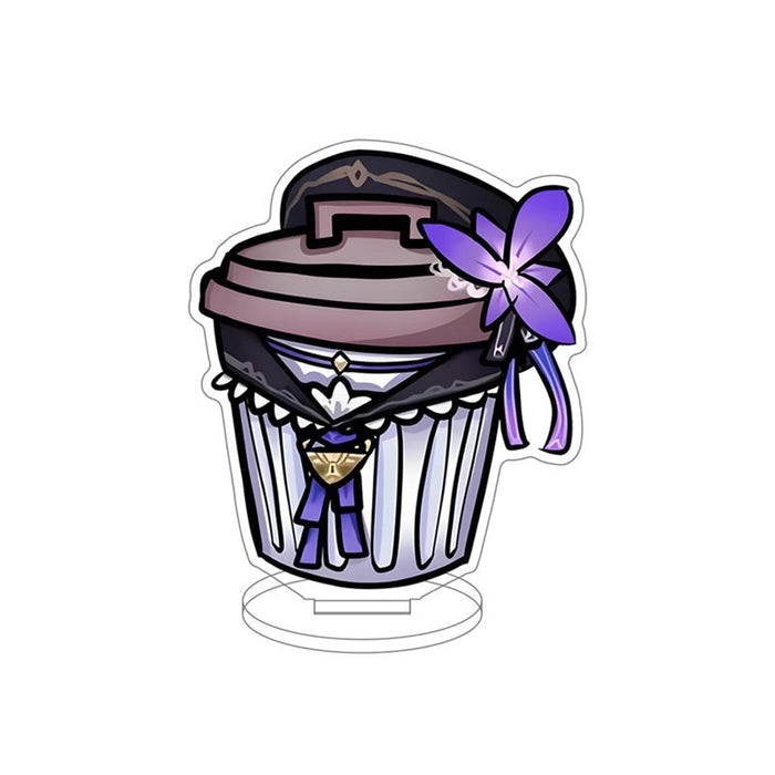 Honkai Star Rail Trash Can Standee: light blue, dark blue trash can with antler-like handles and small discarded items, carto