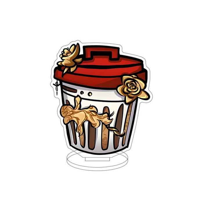 Honkai Star Rail Trash Can Standee: light blue, dark blue trash can with antler-like handles and small discarded items, carto