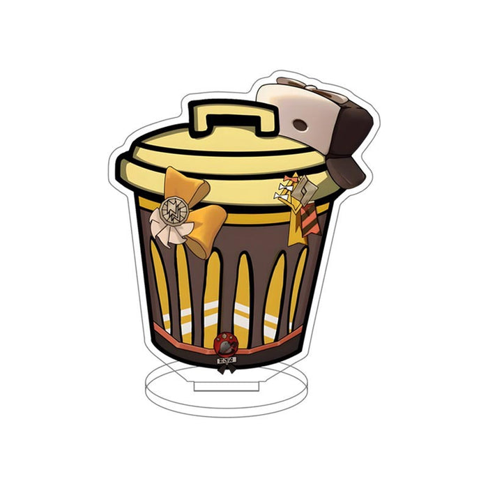 Honkai Star Rail Trash Can Standee: light blue, dark blue trash can with antler-like handles and small discarded items, carto