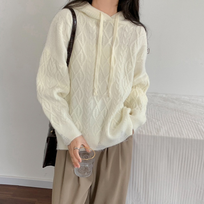 Hooded Cable-Knit Sweater for Women: cream, off-white hooded knit sweater, minimal casual style