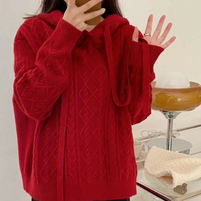 Hooded Cable-Knit Sweater for Women: cream, off-white hooded knit sweater, minimal casual style