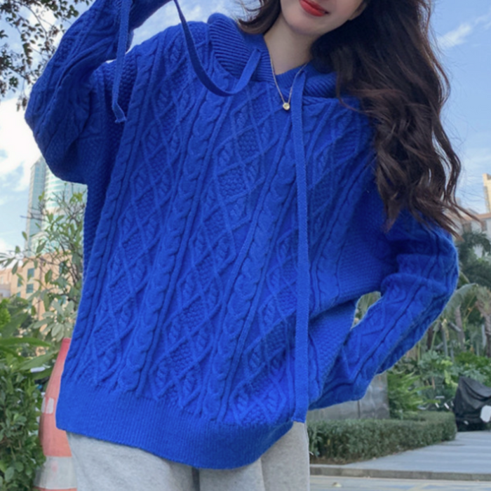 Hooded Cable-Knit Sweater for Women: cream, off-white hooded knit sweater, minimal casual style