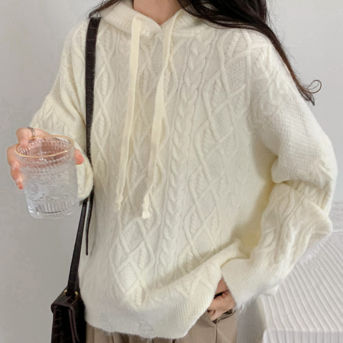 Hooded Cable-Knit Sweater for Women: cream, off-white hooded knit sweater, minimal casual style