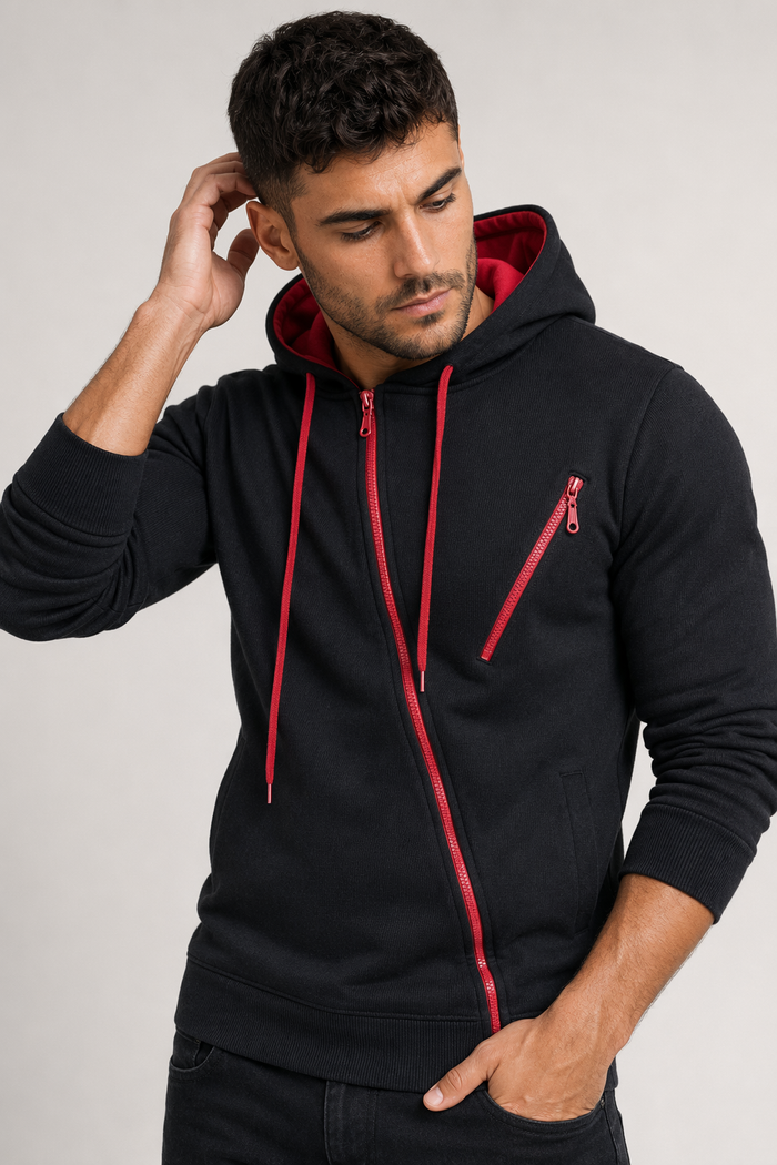 Hooded Jacket for Men with Zipper Black