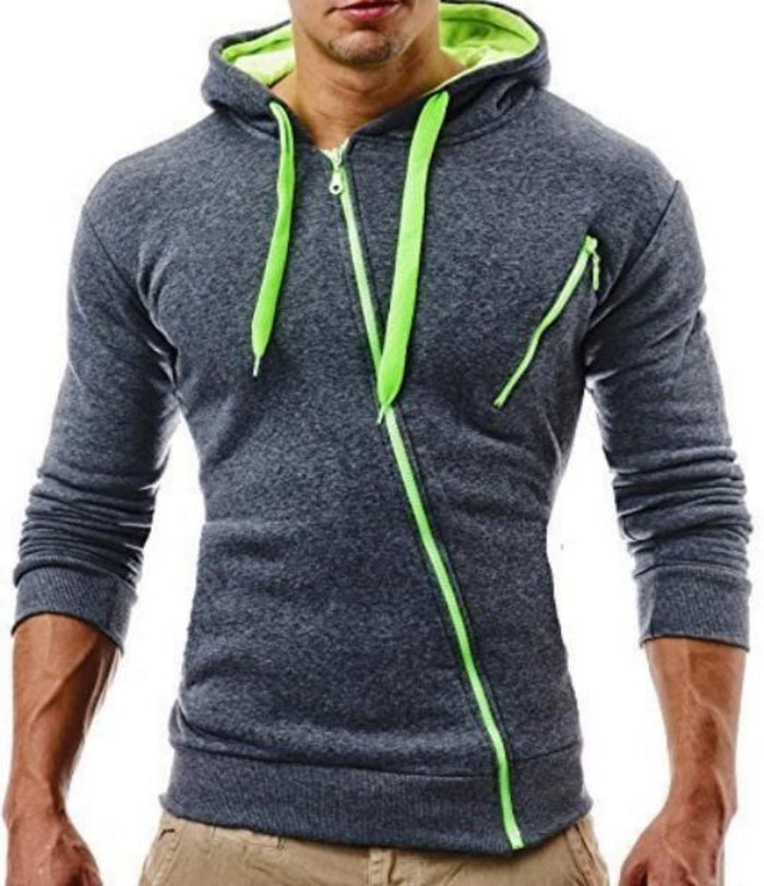 Hooded Jacket for Men with Zipper: dark charcoal gray, neon green hooded zip-up sweatshirt, sporty casual style