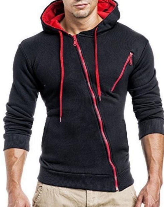 Hooded Jacket for Men with Zipper: dark charcoal gray, neon green hooded zip-up sweatshirt, sporty casual style