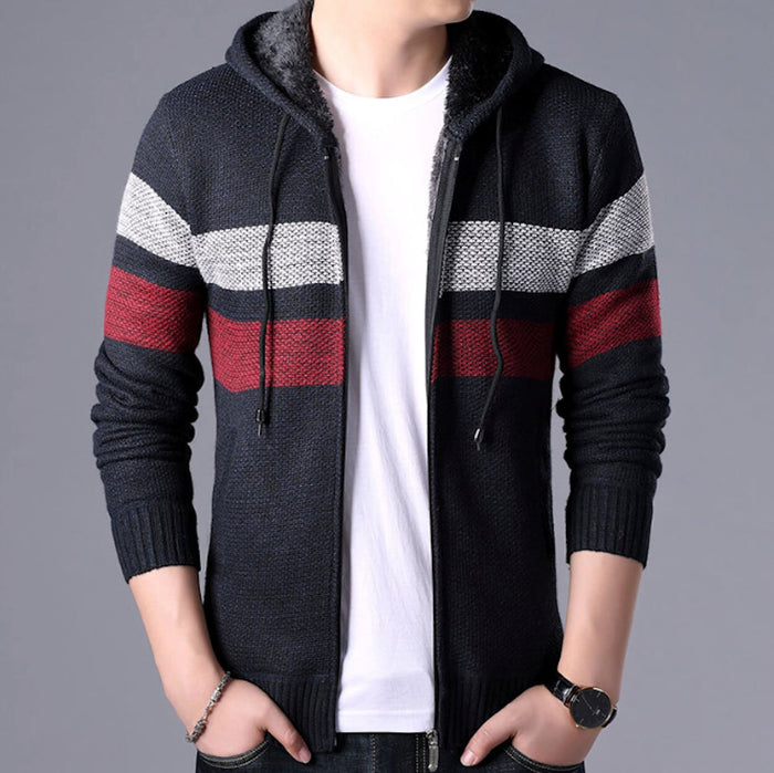 Hooded Men's Striped Knitted Sweater: gray, black zip-up hooded knit cardigan, casual style