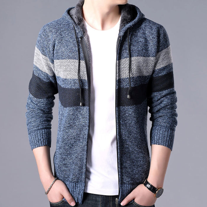 Hooded Men's Striped Knitted Sweater: gray, black zip-up hooded knit cardigan, casual style