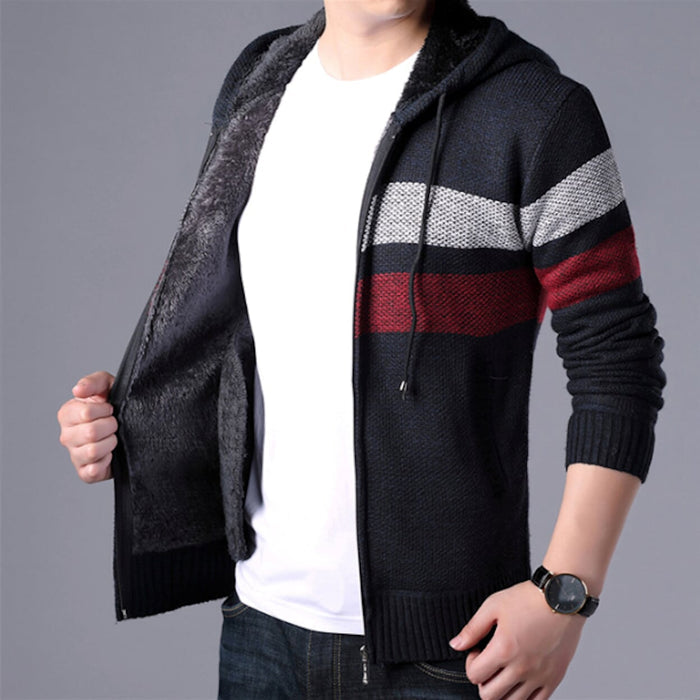 Hooded Men's Striped Knitted Sweater: gray, black zip-up hooded knit cardigan, casual style