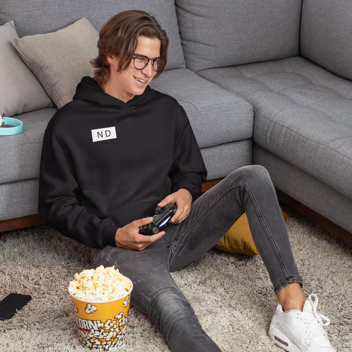 Hooded Sweatshirt with Logo on Front and Back: black, white hoodie, minimal style