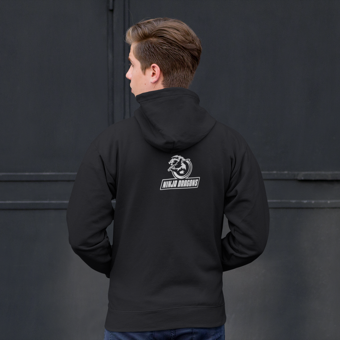 Hooded Sweatshirt with Logo on Front and Back: black, white hoodie, minimal style