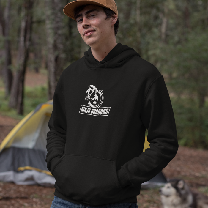 Hooded Sweatshirt with ND Logo: black, white Ninja Dragons graphic/logo, casual graphic streetwear style