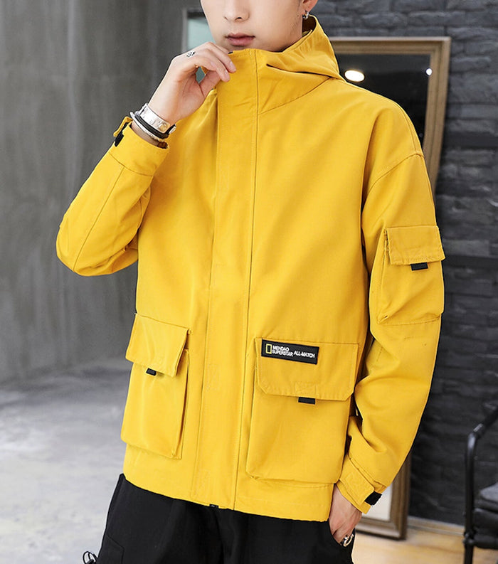 Hooded Windbreaker for Men: bright yellow, black hooded jacket, casual utility streetwear style