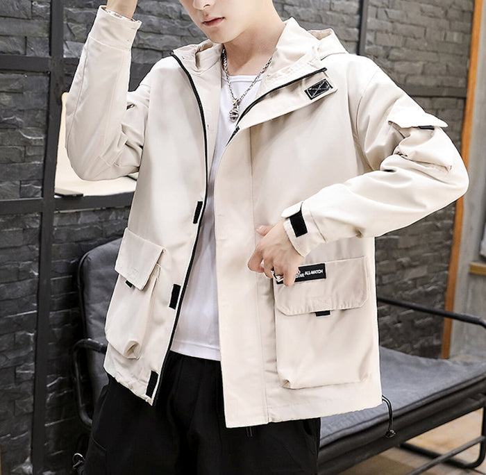 Hooded Windbreaker for Men: bright yellow, black hooded jacket, casual utility streetwear style