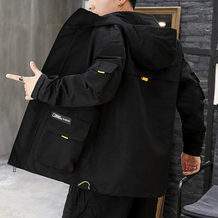 Hooded Windbreaker for Men: bright yellow, black hooded jacket, casual utility streetwear style