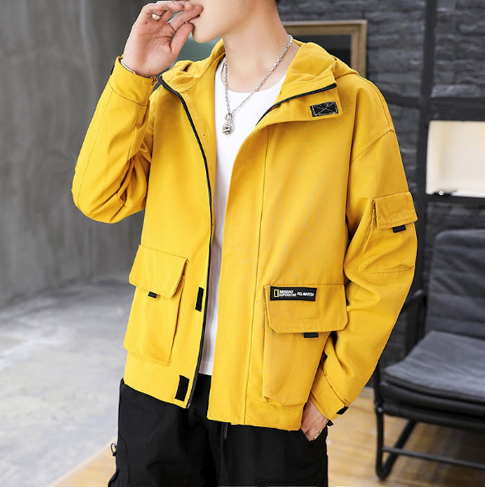 Hooded Windbreaker for Men: bright yellow, black hooded jacket, casual utility streetwear style