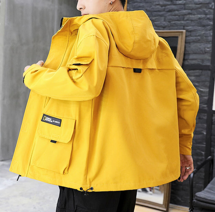 Hooded Windbreaker for Men: bright yellow, black hooded jacket, casual utility streetwear style