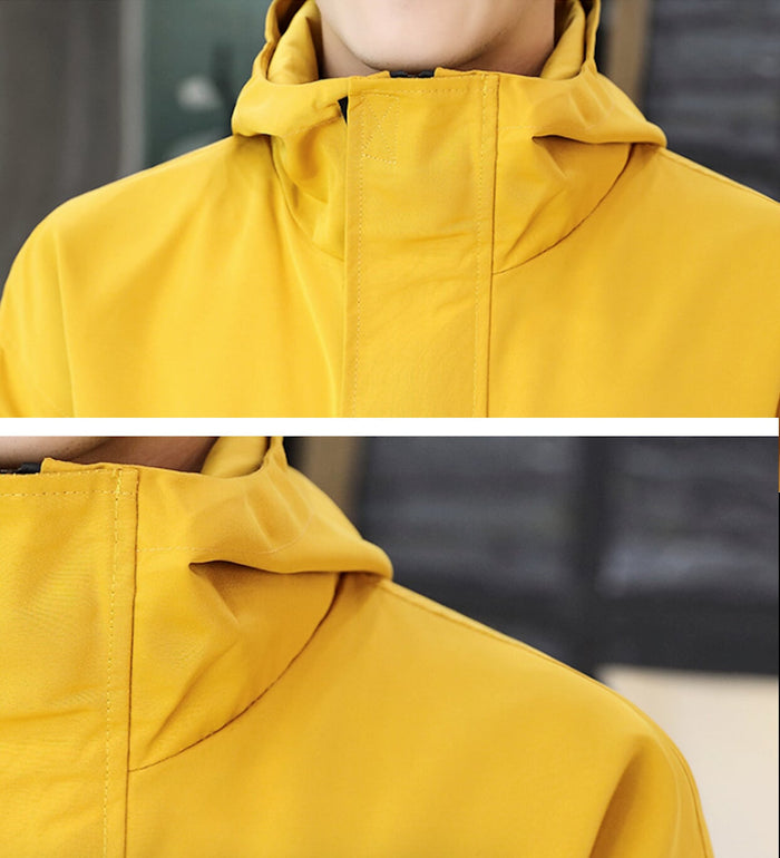 Hooded Windbreaker for Men: bright yellow, black hooded jacket, casual utility streetwear style