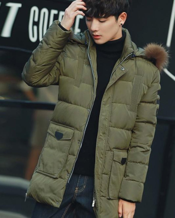Hooded winter jacket: olive green, brown hooded puffer jacket, casual winter outerwear style