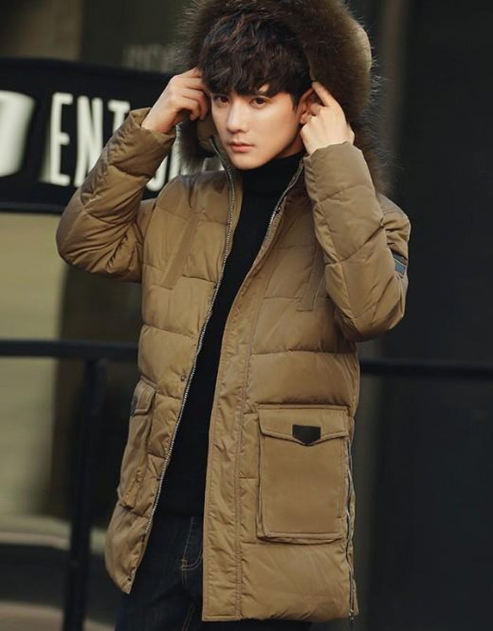 Hooded winter jacket: olive green, brown hooded puffer jacket, casual winter outerwear style
