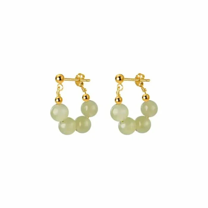 Hoop Earrings with Jade Beads: pale translucent yellow-green, gold pair of hoop earrings, minimal style