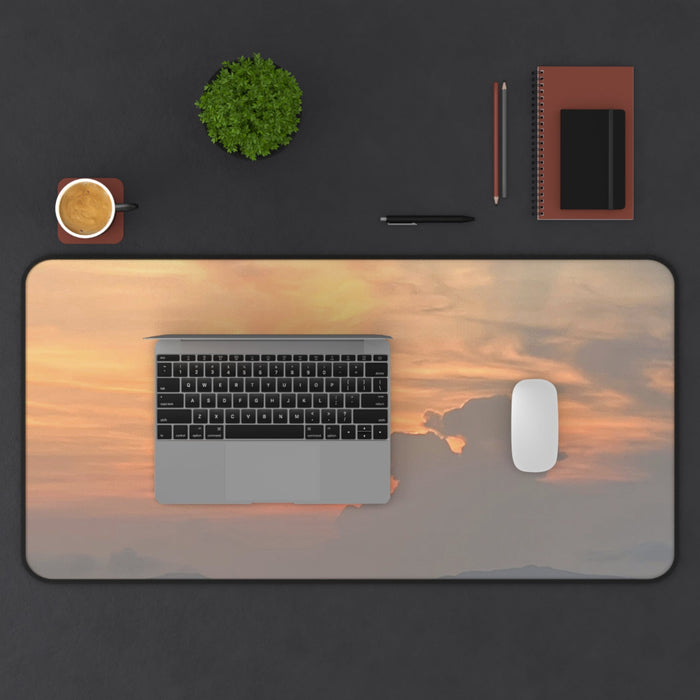 Horizon Golden Desk Mat: orange, peach sunset sky with clouds, photographic style