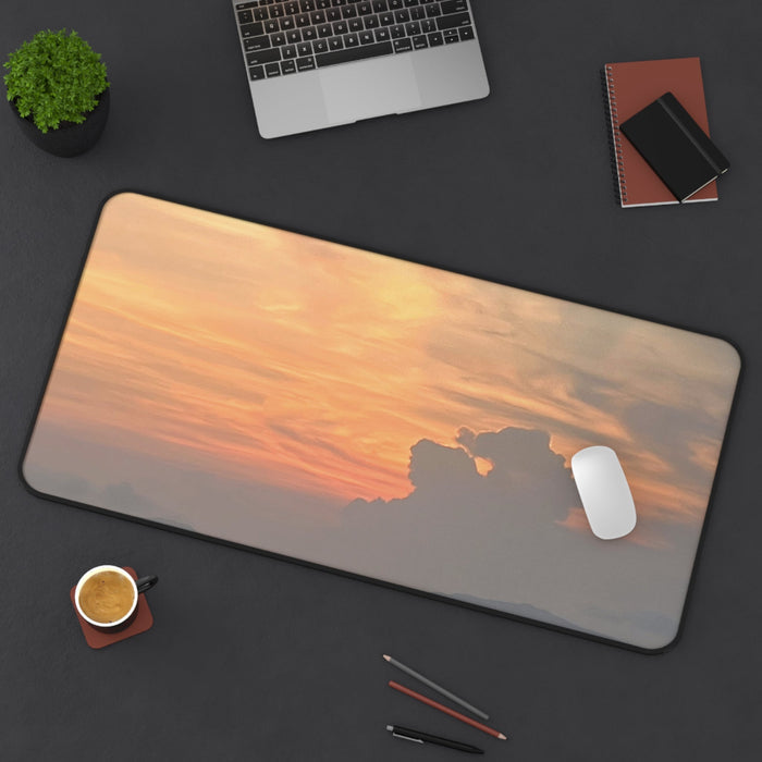 Horizon Golden Desk Mat: orange, peach sunset sky with clouds, photographic style