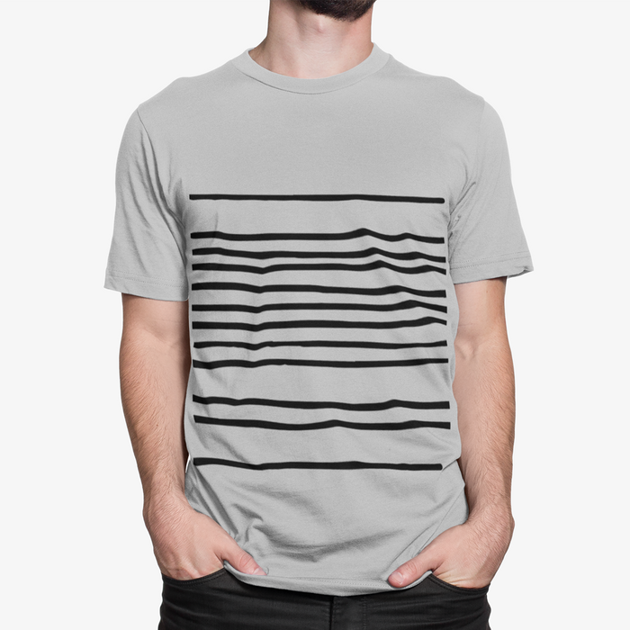 Horizontal Lines Men's Tee: light gray, black short-sleeve T-shirt, minimal graphic style