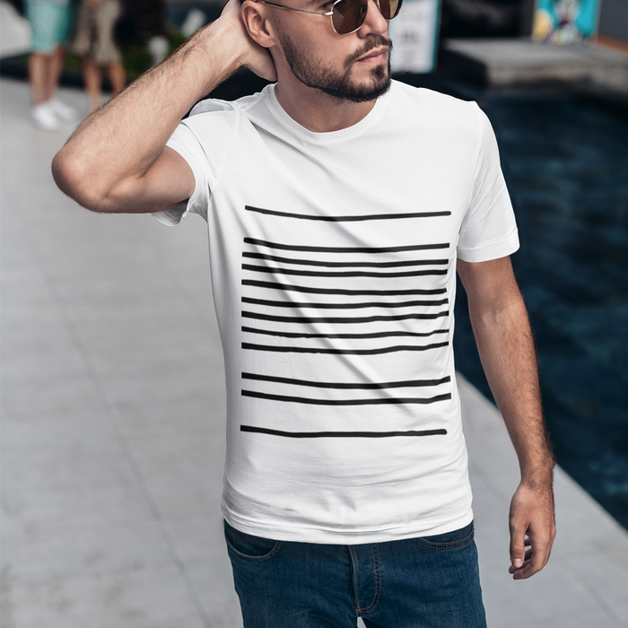 Horizontal Lines Men's Tee: light gray, black short-sleeve T-shirt, minimal graphic style