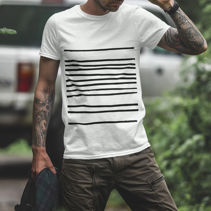 Horizontal Lines Men's Tee: light gray, black short-sleeve T-shirt, minimal graphic style