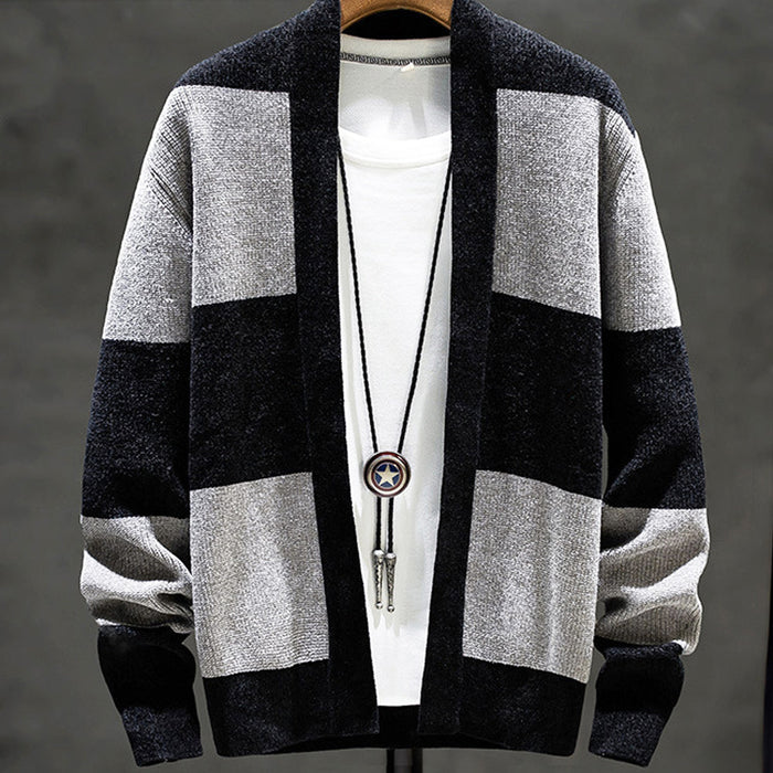 Horizontal Striped Men's Open-Front Cardigan: black, gray open-front cardigan sweater, casual color-block style